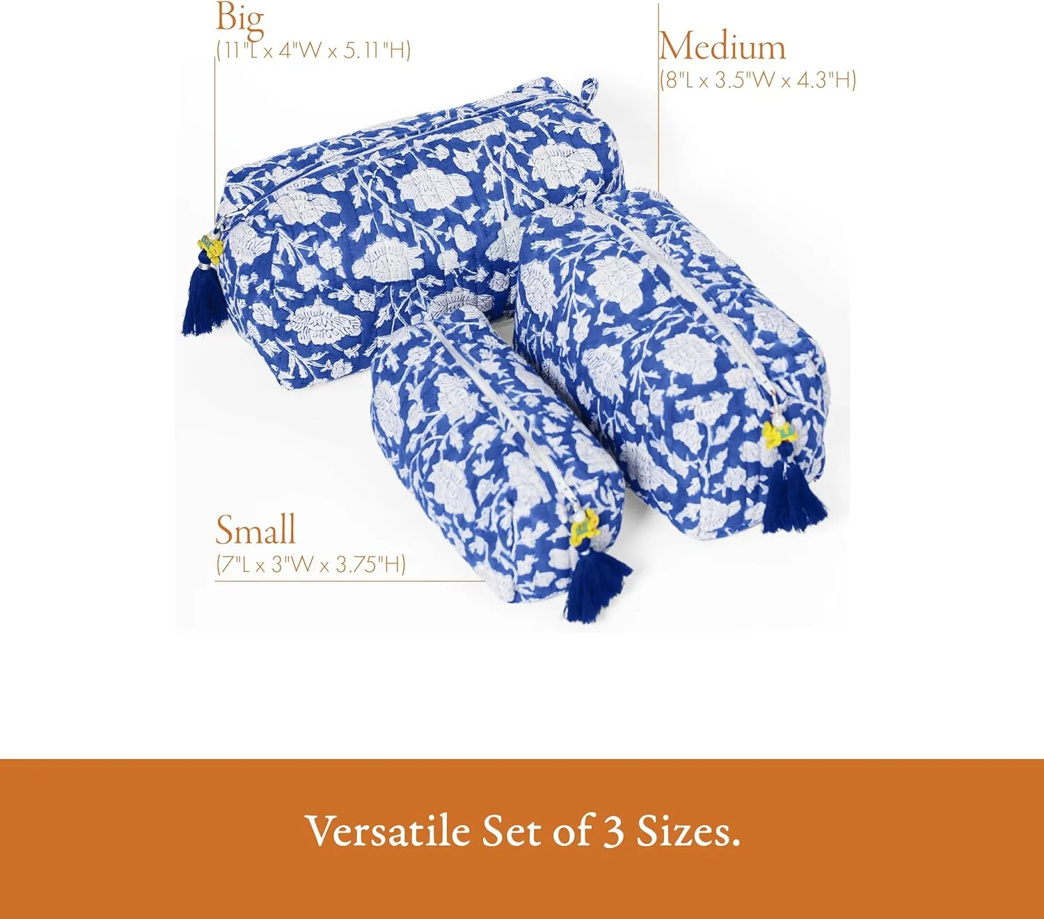 Quilted Floral Makeup Bag Set  Blue Poppy Pattern 3 Sizes, Waterproof Lining, Make Up Travel Cosmetic & Toiletry Bags For Traveling Women