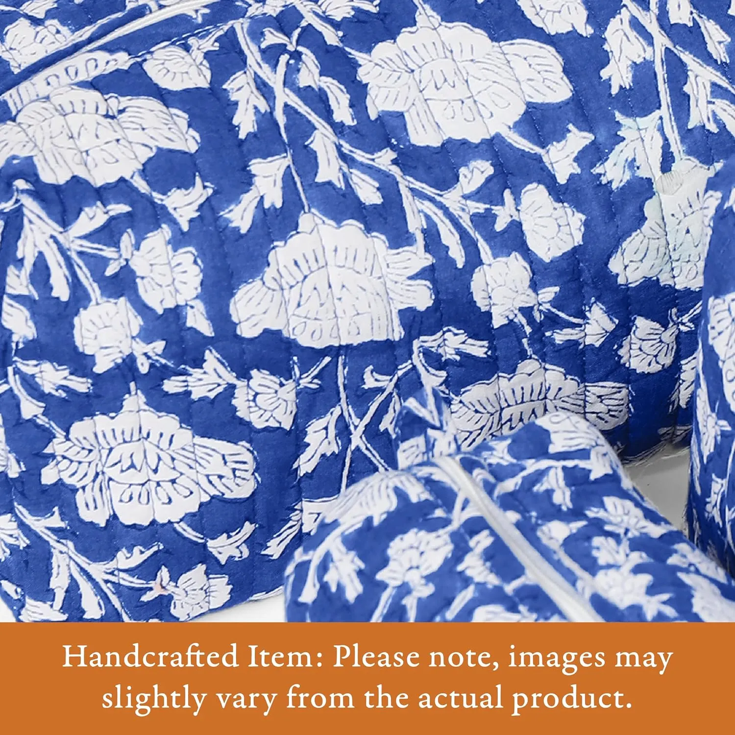 Quilted Floral Makeup Bag Set  Blue Poppy Pattern 3 Sizes, Waterproof Lining, Make Up Travel Cosmetic & Toiletry Bags For Traveling Women