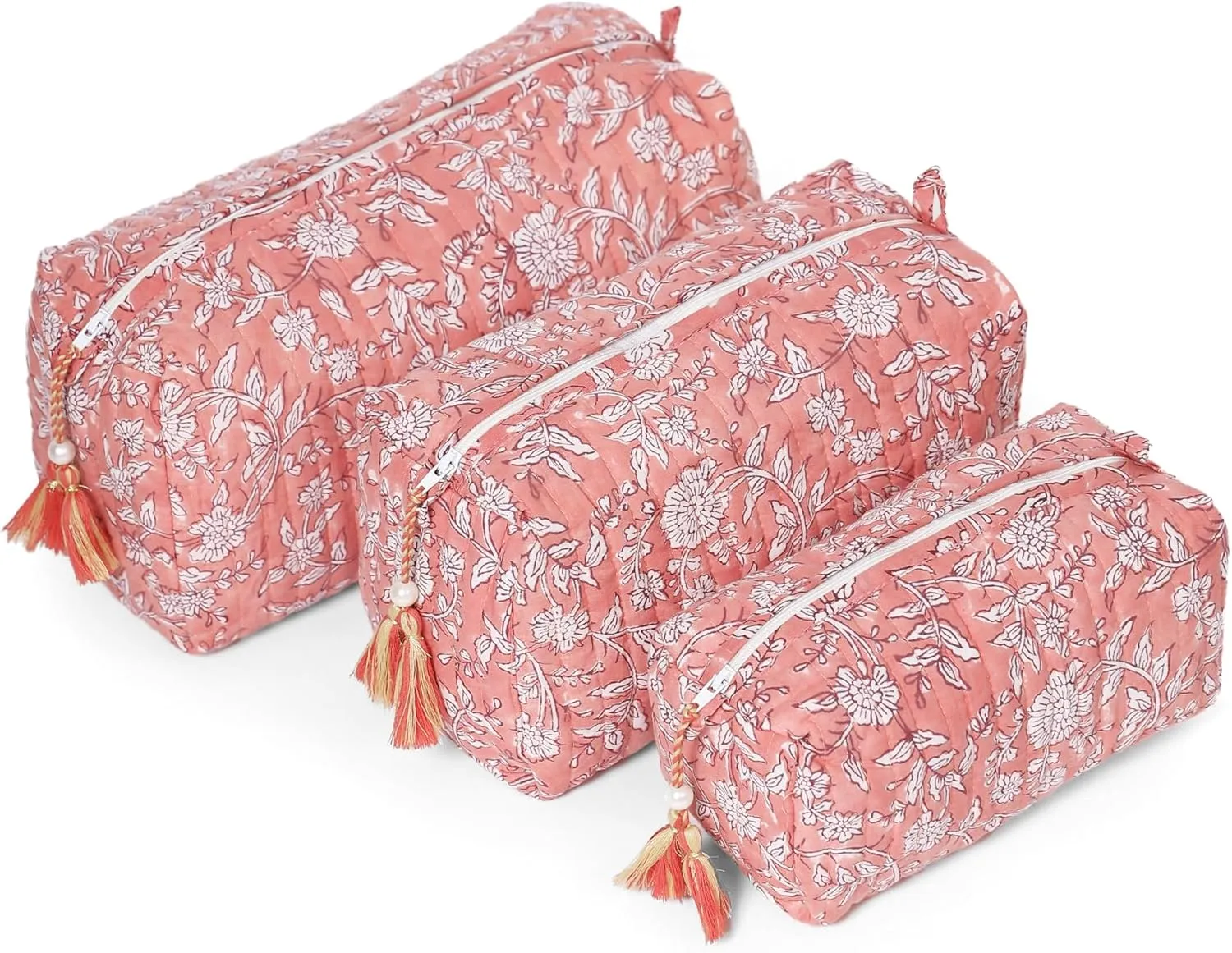 Quilted Floral Makeup Bag Set  Coral Flowers Pattern 3 Sizes, Waterproof Lining, Make Up Travel Cosmetic & Toiletry Bags For Traveling Women
