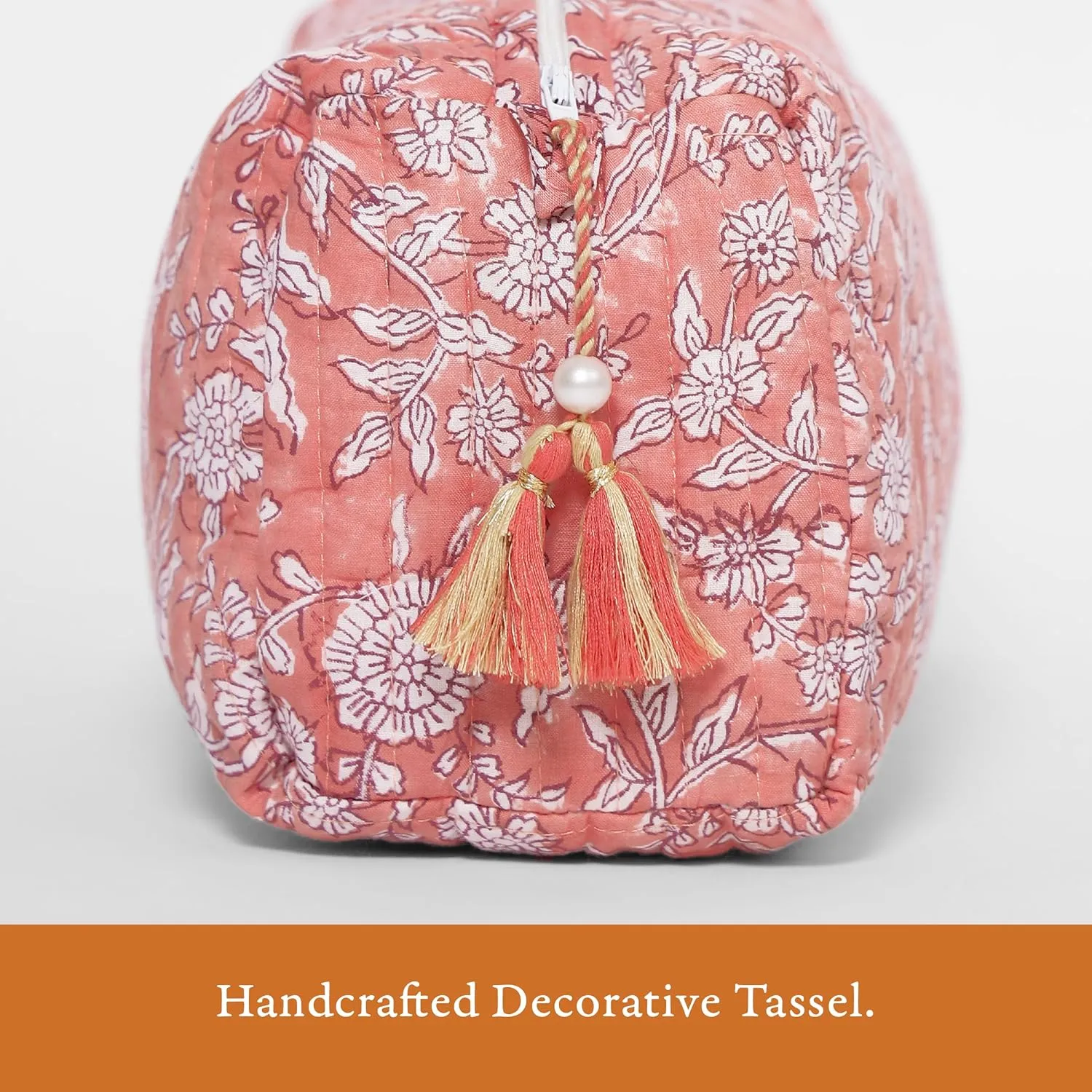 Quilted Floral Makeup Bag Set  Coral Flowers Pattern 3 Sizes, Waterproof Lining, Make Up Travel Cosmetic & Toiletry Bags For Traveling Women