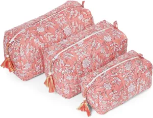Quilted Floral Makeup Bag Set  Coral Flowers Pattern 3 Sizes, Waterproof Lining, Make Up Travel Cosmetic & Toiletry Bags For Traveling Women