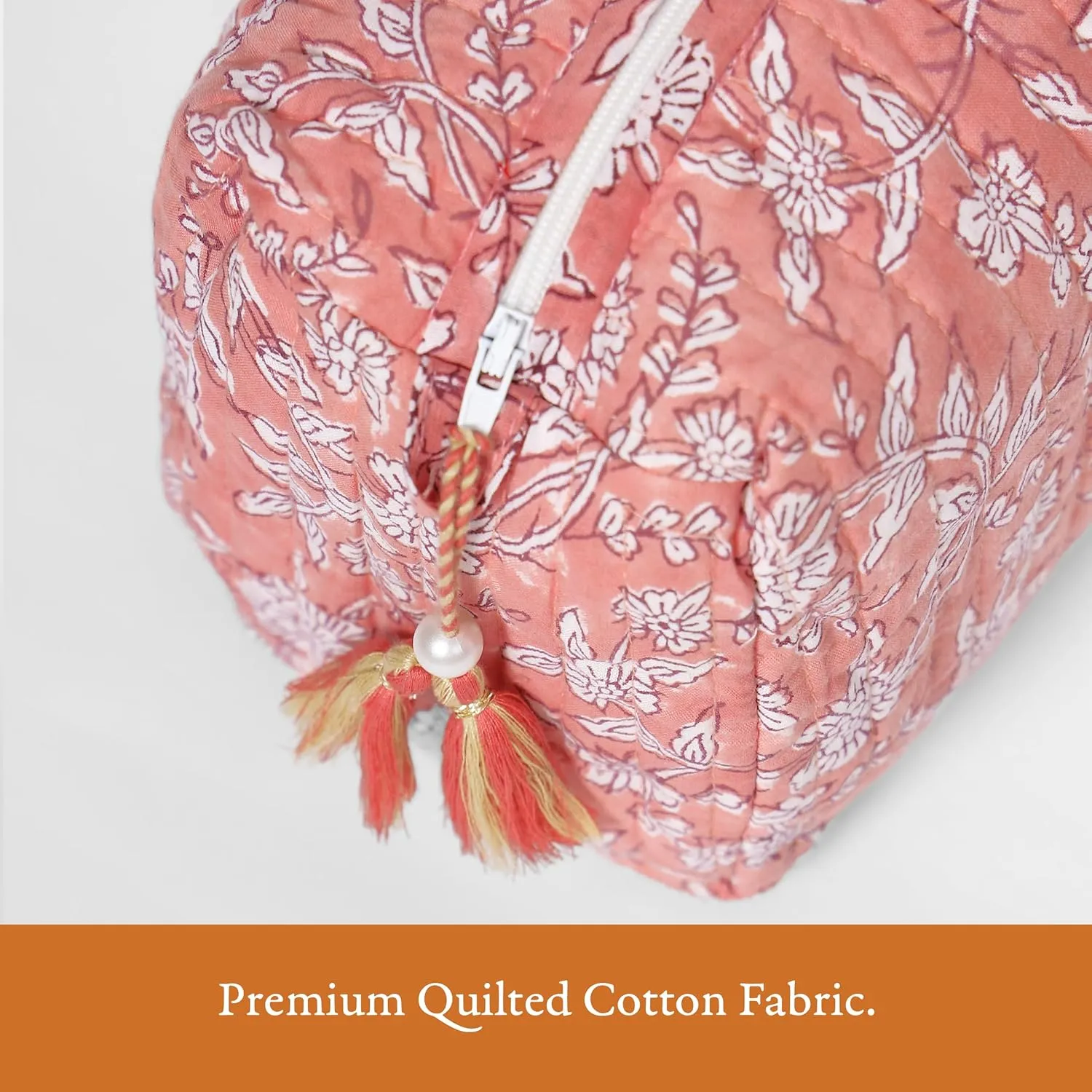 Quilted Floral Makeup Bag Set  Coral Flowers Pattern 3 Sizes, Waterproof Lining, Make Up Travel Cosmetic & Toiletry Bags For Traveling Women