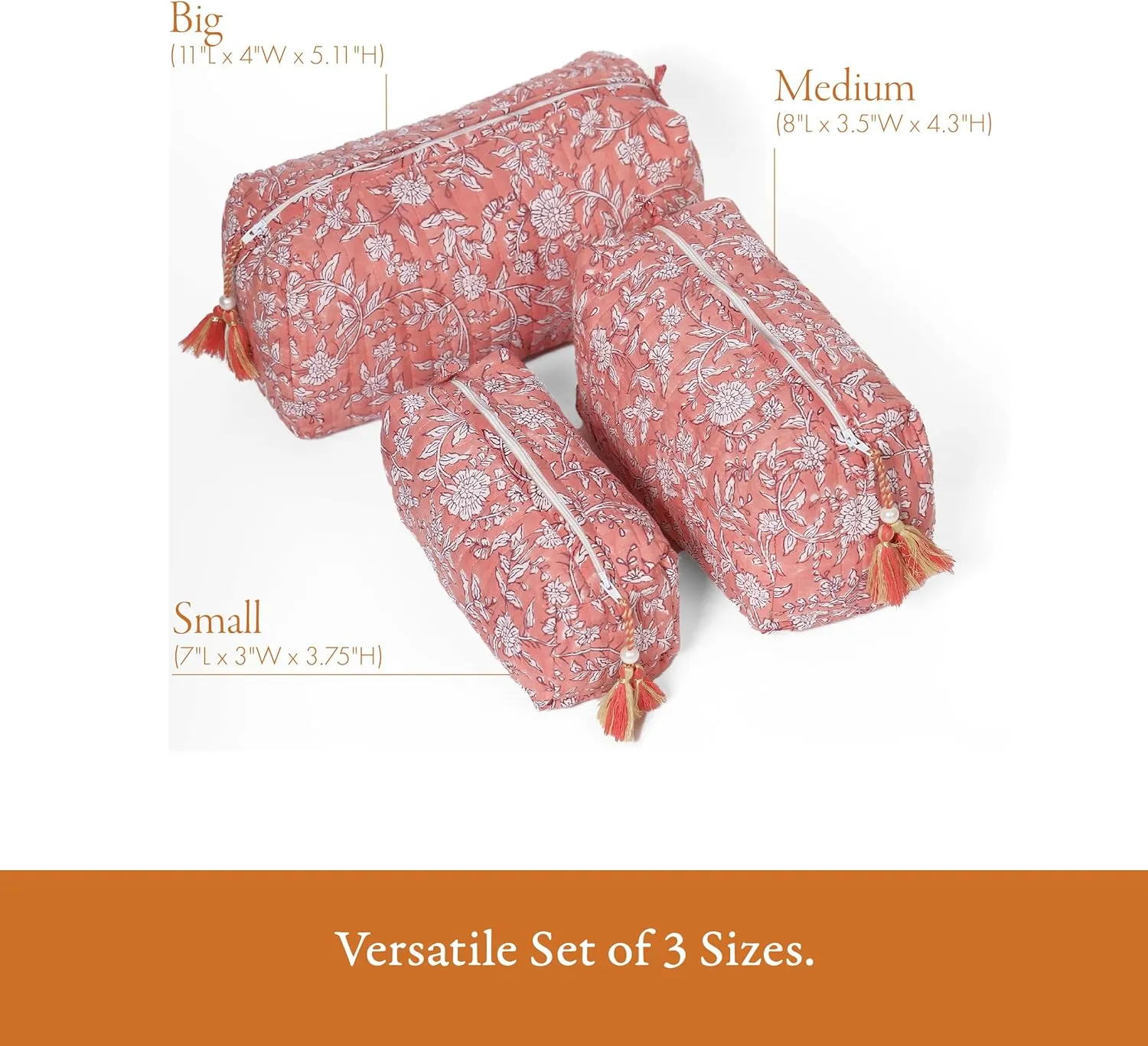Quilted Floral Makeup Bag Set  Coral Flowers Pattern 3 Sizes, Waterproof Lining, Make Up Travel Cosmetic & Toiletry Bags For Traveling Women