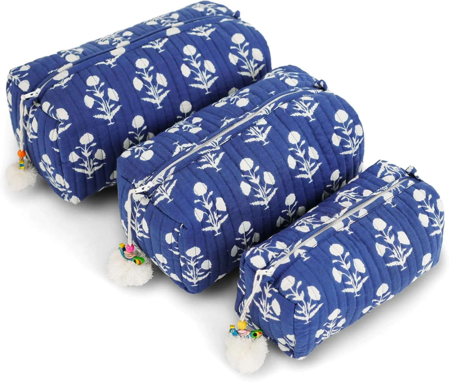 Quilted Floral Makeup Bag Set  Fleur De Nuit Pattern 3 Sizes, Waterproof Lining, Make Up Travel Cosmetic & Toiletry Bags For Traveling Women