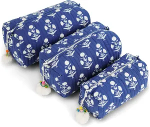 Quilted Floral Makeup Bag Set  Fleur De Nuit Pattern 3 Sizes, Waterproof Lining, Make Up Travel Cosmetic & Toiletry Bags For Traveling Women
