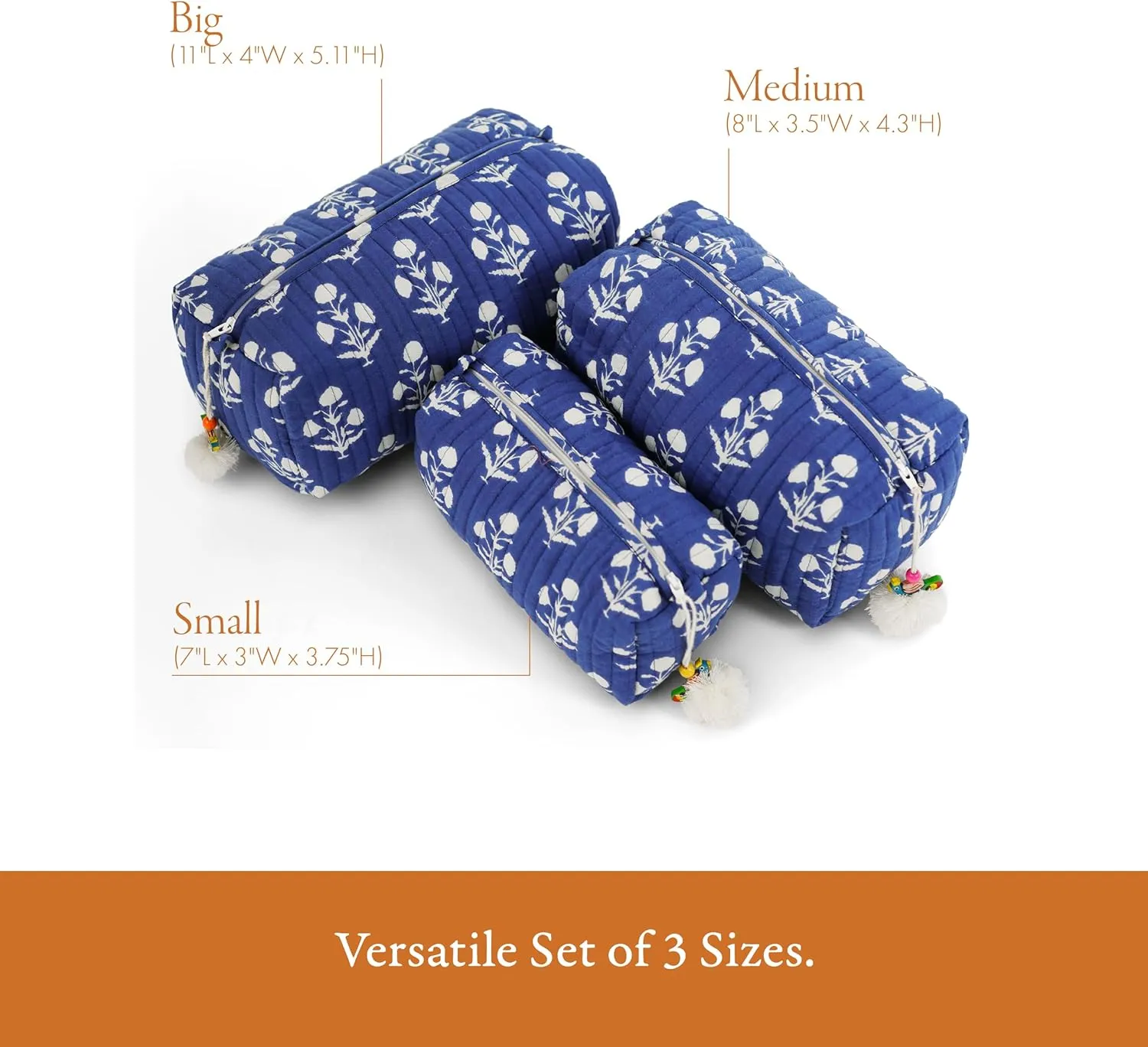 Quilted Floral Makeup Bag Set  Fleur De Nuit Pattern 3 Sizes, Waterproof Lining, Make Up Travel Cosmetic & Toiletry Bags For Traveling Women