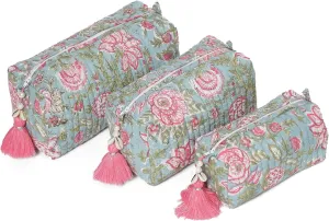 Quilted Floral Makeup Bag Set  Jacobean Dreams Pattern 3 Sizes, Waterproof Lining, Make Up Travel Cosmetic & Toiletry Bags For Traveling Women