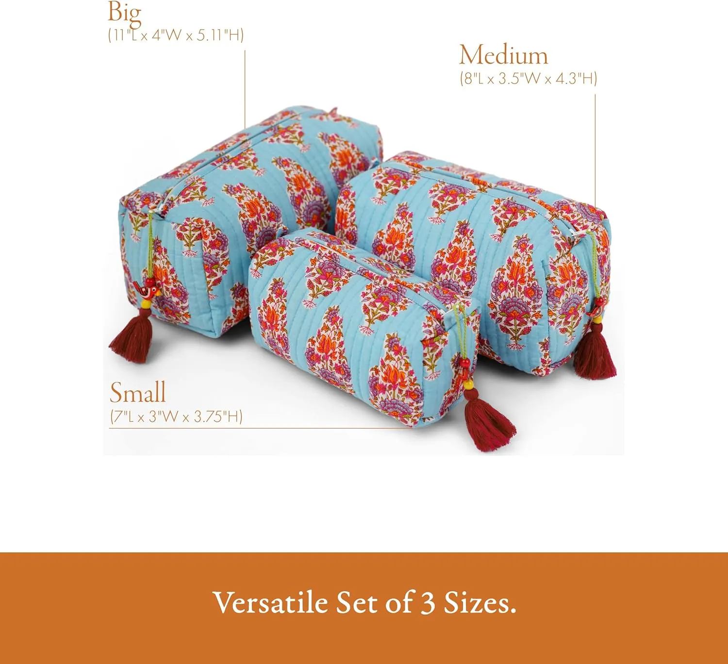 Quilted Floral Makeup Bag Set  Kashmir Pattern 3 Sizes, Waterproof Lining, Make Up Travel Cosmetic & Toiletry Bags For Traveling Women