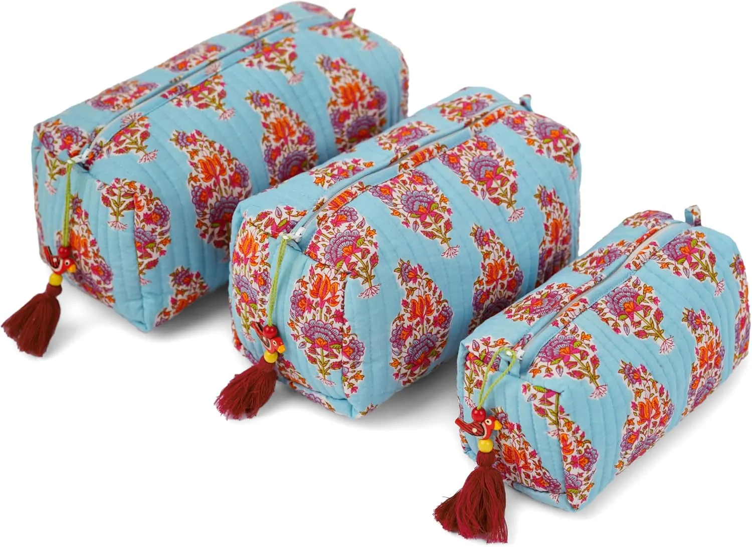 Quilted Floral Makeup Bag Set  Kashmir Pattern 3 Sizes, Waterproof Lining, Make Up Travel Cosmetic & Toiletry Bags For Traveling Women