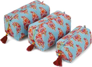 Quilted Floral Makeup Bag Set  Kashmir Pattern 3 Sizes, Waterproof Lining, Make Up Travel Cosmetic & Toiletry Bags For Traveling Women