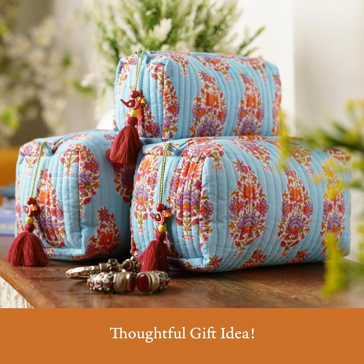Quilted Floral Makeup Bag Set  Kashmir Pattern 3 Sizes, Waterproof Lining, Make Up Travel Cosmetic & Toiletry Bags For Traveling Women