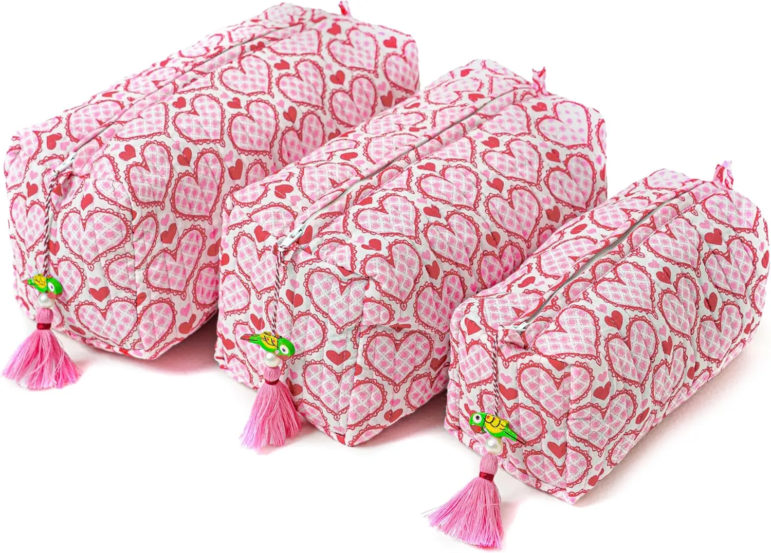Quilted Floral Makeup Bag Set  Love Blooms Pattern 3 Sizes, Waterproof Lining, Make Up Travel Cosmetic & Toiletry Bags For Traveling Women