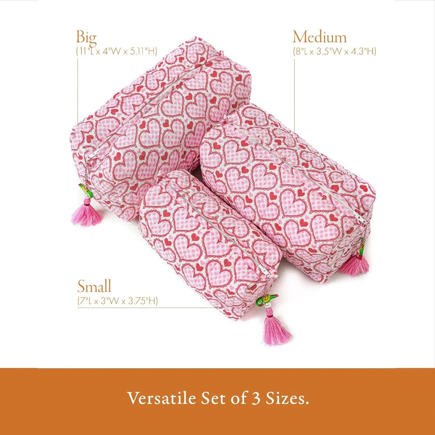 Quilted Floral Makeup Bag Set  Love Blooms Pattern 3 Sizes, Waterproof Lining, Make Up Travel Cosmetic & Toiletry Bags For Traveling Women