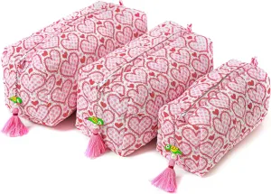 Quilted Floral Makeup Bag Set  Love Blooms Pattern 3 Sizes, Waterproof Lining, Make Up Travel Cosmetic & Toiletry Bags For Traveling Women