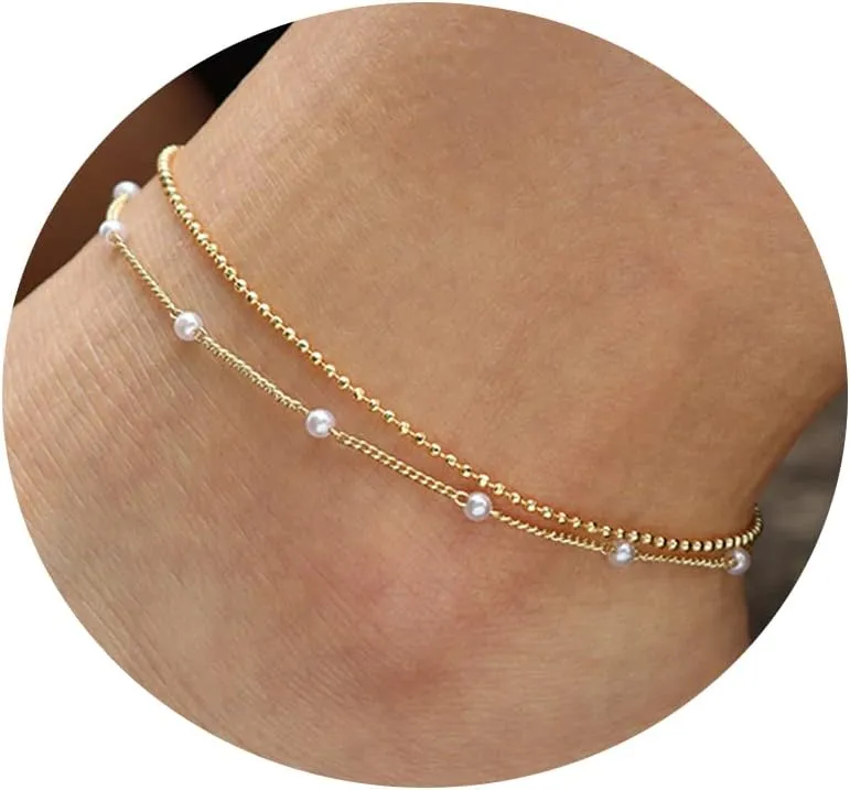 Raicegs Layered Anklet Bracelets for Women 18K Gold Anklets Dainty Chain Pearl Beads Anklet Beach Jewelry Gift for Women Girl