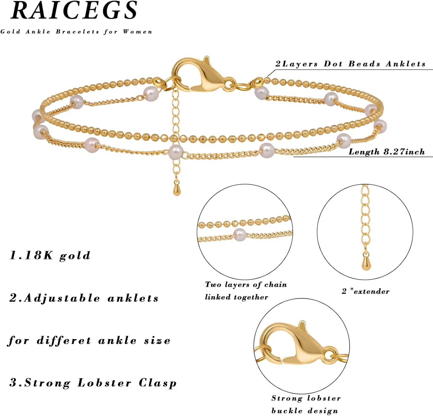 Raicegs Layered Anklet Bracelets for Women 18K Gold Anklets Dainty Chain Pearl Beads Anklet Beach Jewelry Gift for Women Girl