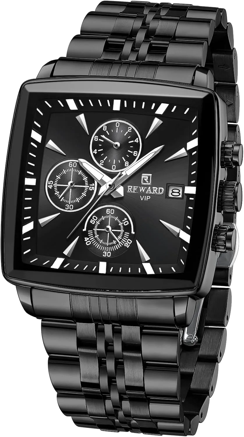 REWARD Quartz Mens Watch Classic Square Watches Man Waterproof Luminous Stainless Business Mens Wristwatch Black