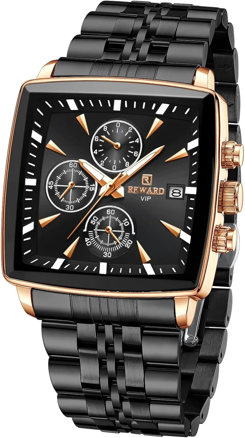 REWARD Quartz Watch for Men Business Square Face Waterproof Wrist Watches Chronograph, Luminous - Gold Black
