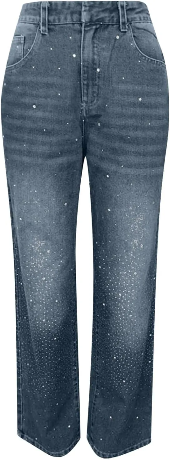 Rhinestone Jeans for Women Loose Harem Jeans Womens High Waisted Rhinestone Pants Straight Wide Leg Sparkly Denim Pants