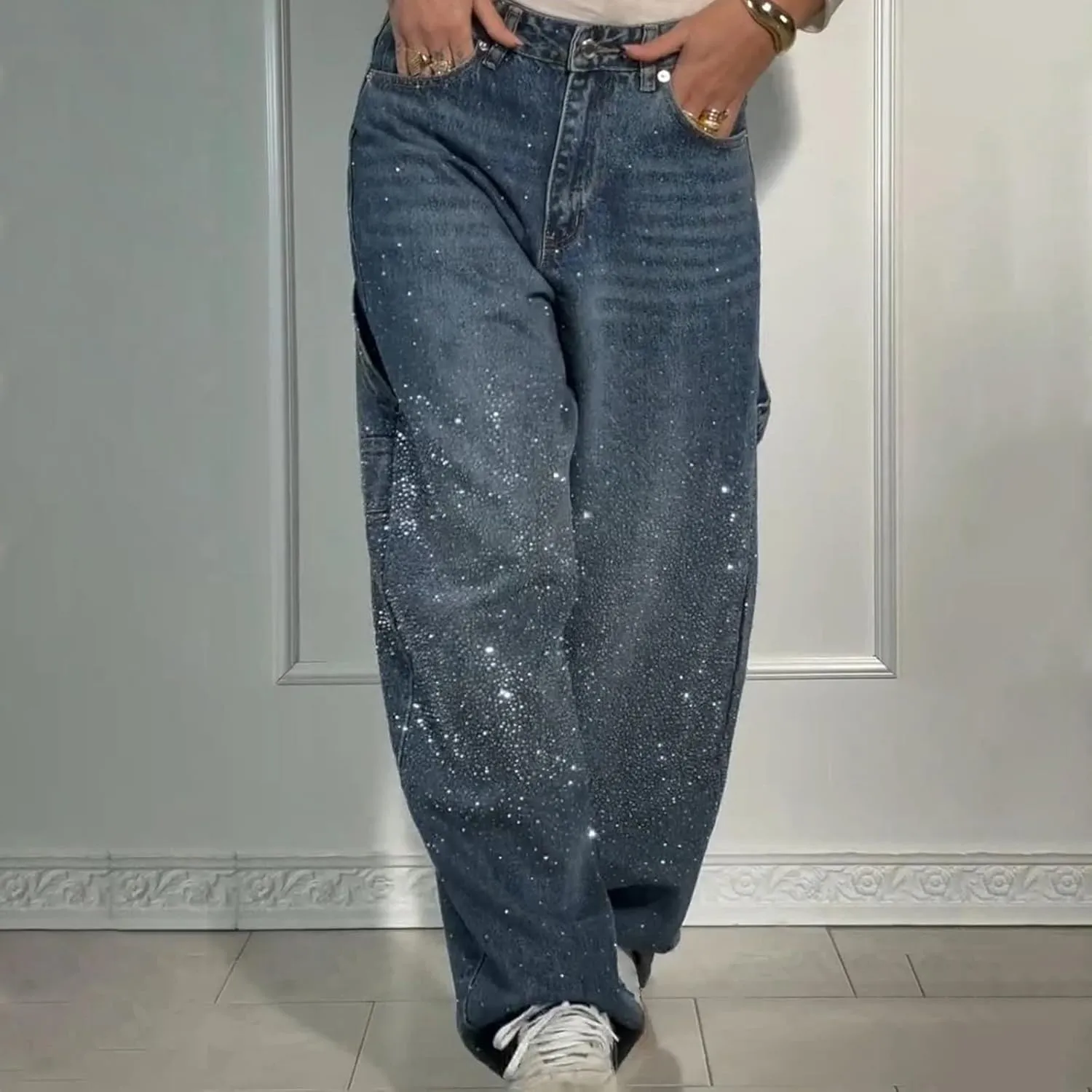 Rhinestone Jeans for Women Loose Harem Jeans Womens High Waisted Rhinestone Pants Straight Wide Leg Sparkly Denim Pants