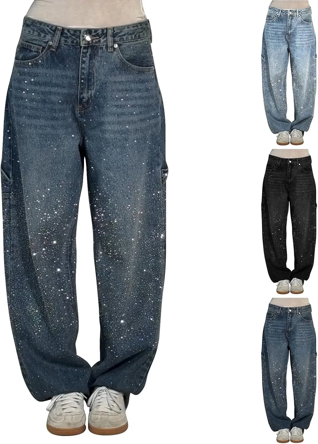 Rhinestone Jeans for Women Loose Harem Jeans Womens High Waisted Rhinestone Pants Straight Wide Leg Sparkly Denim Pants