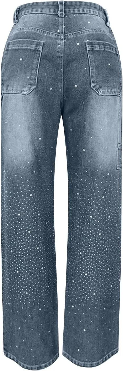 Rhinestone Jeans for Women Loose Harem Jeans Womens High Waisted Rhinestone Pants Straight Wide Leg Sparkly Denim Pants
