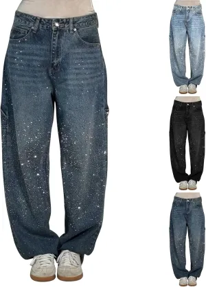 Rhinestone Jeans for Women Loose Harem Jeans Womens High Waisted Rhinestone Pants Straight Wide Leg Sparkly Denim Pants