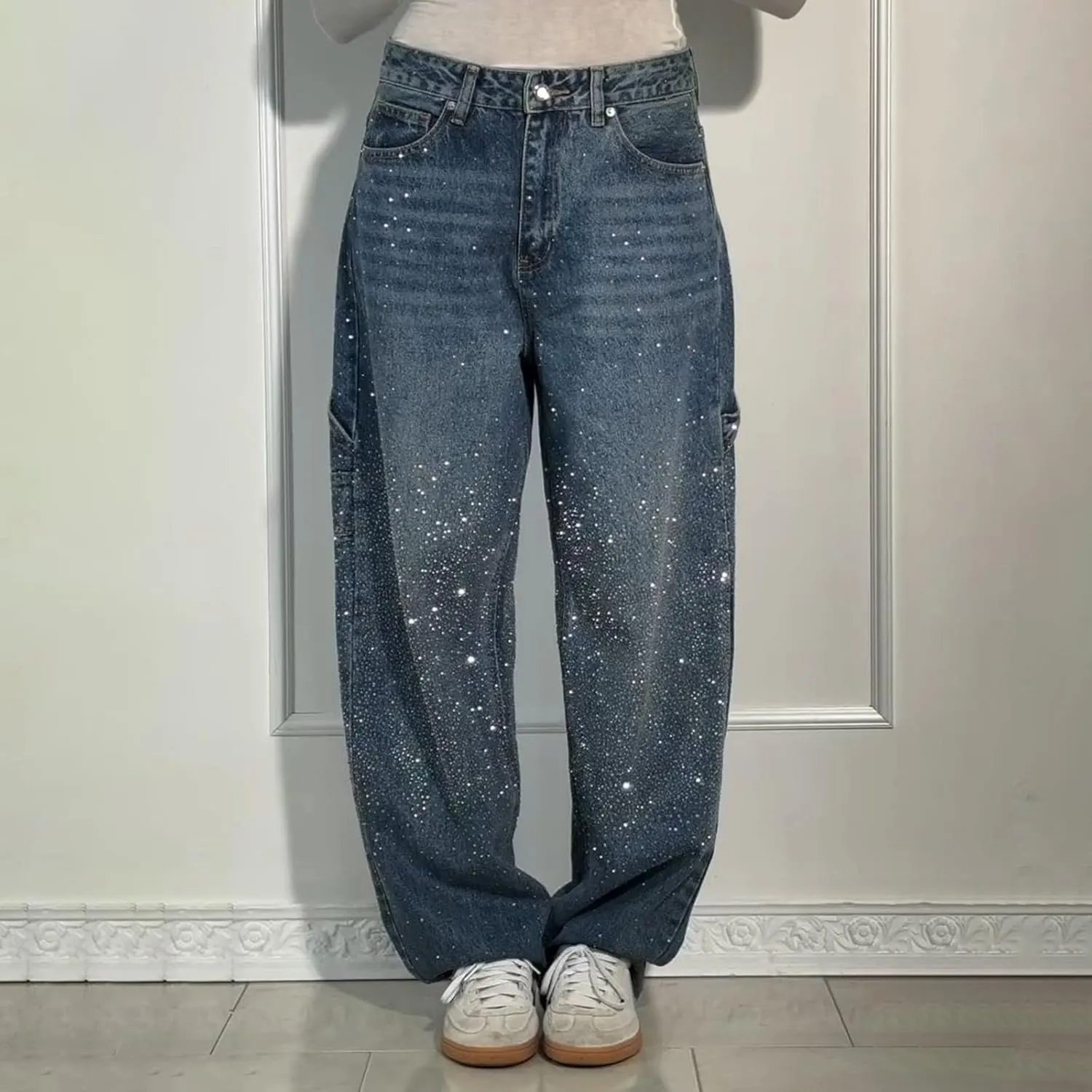 Rhinestone Jeans for Women Loose Harem Jeans Womens High Waisted Rhinestone Pants Straight Wide Leg Sparkly Denim Pants