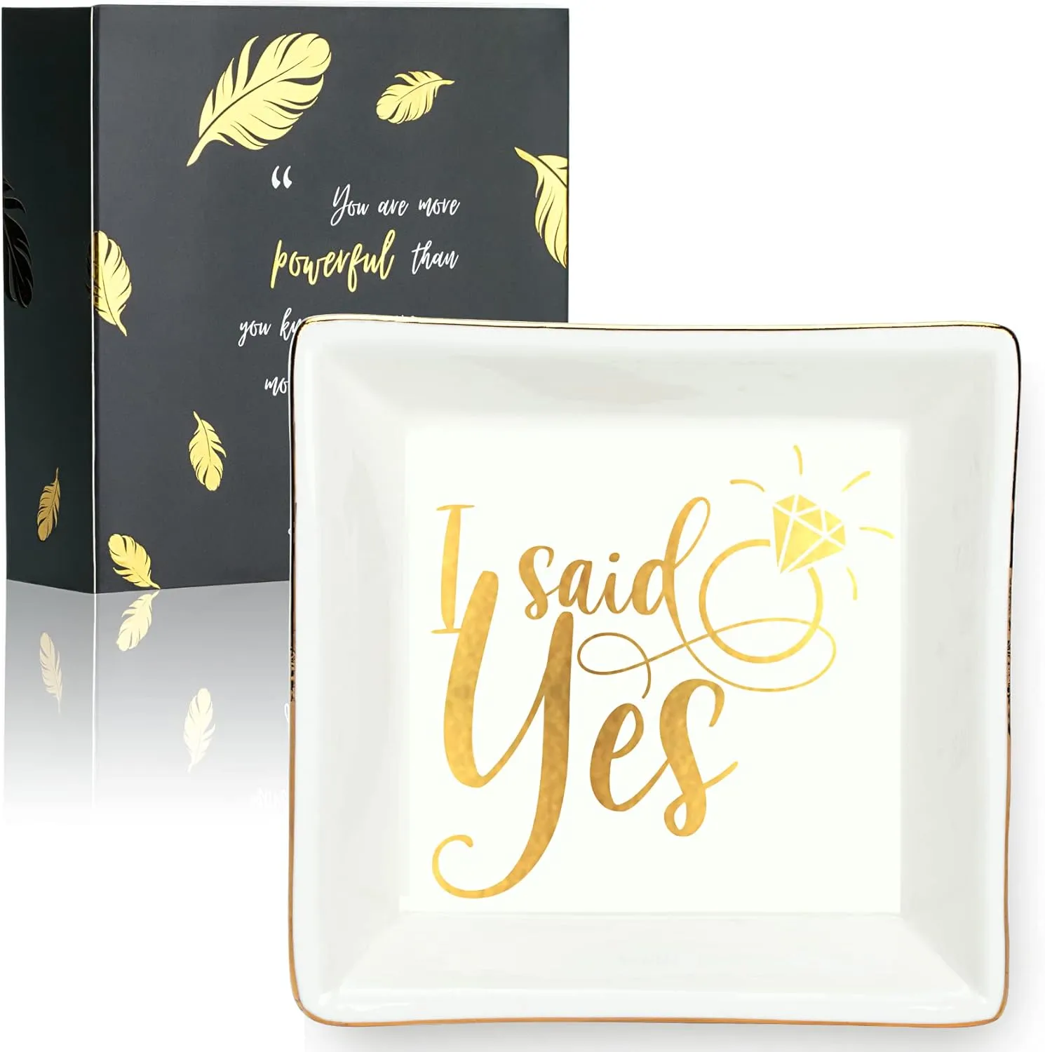 Ring Dish for Engagement, Ceramic Jewelry Dish, Trinket Dish Tray, Jewelry Organizer, Gift Box & Card Included, Perfect for Anniversary/Valentine's Day/Wedding - I Said Yes
