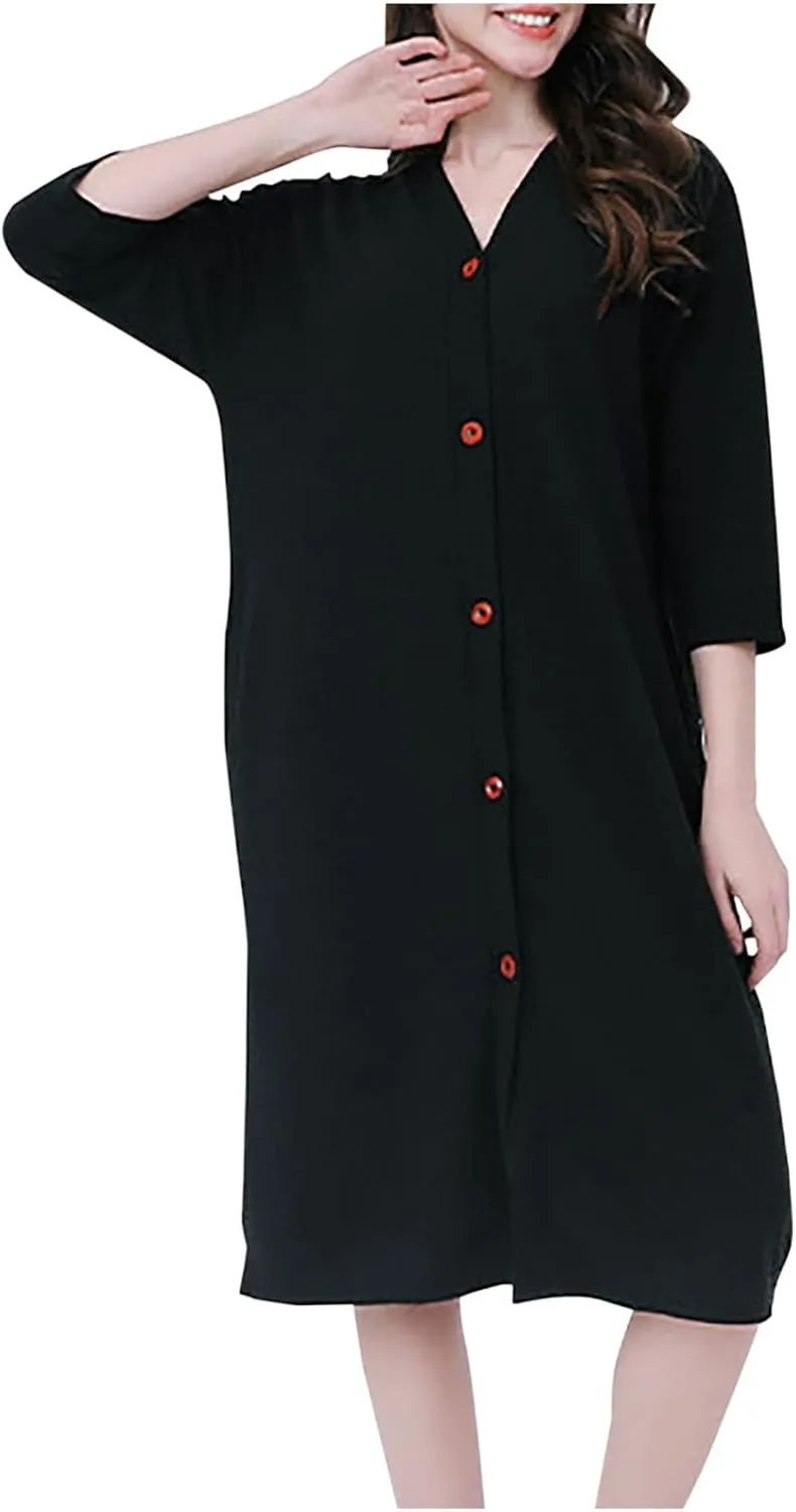 Robes for Women Fashion Solid Color Lightweight Loungewear V-neck Button Three Quarter Sleeve Knee Length Night-robe