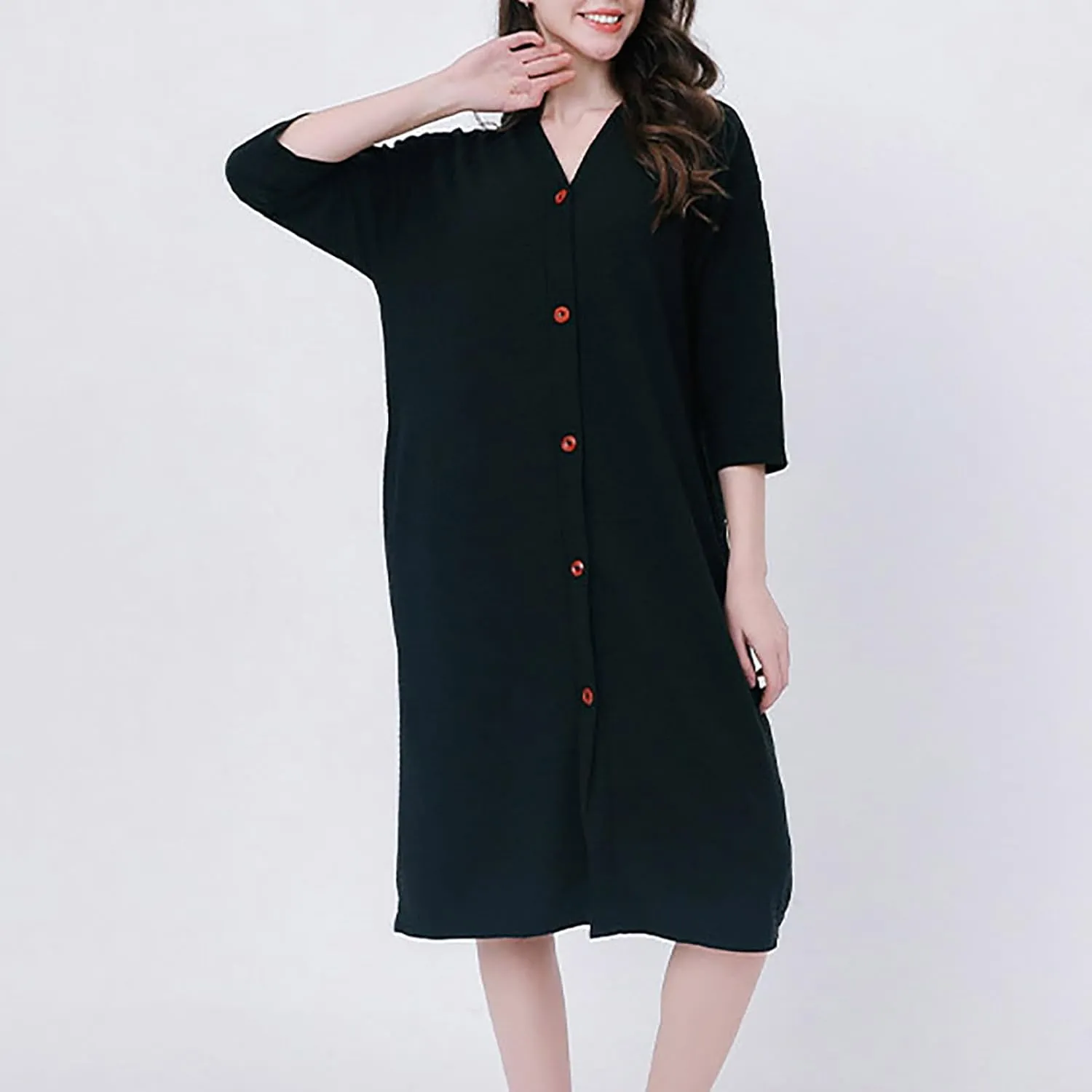 Robes for Women Fashion Solid Color Lightweight Loungewear V-neck Button Three Quarter Sleeve Knee Length Night-robe