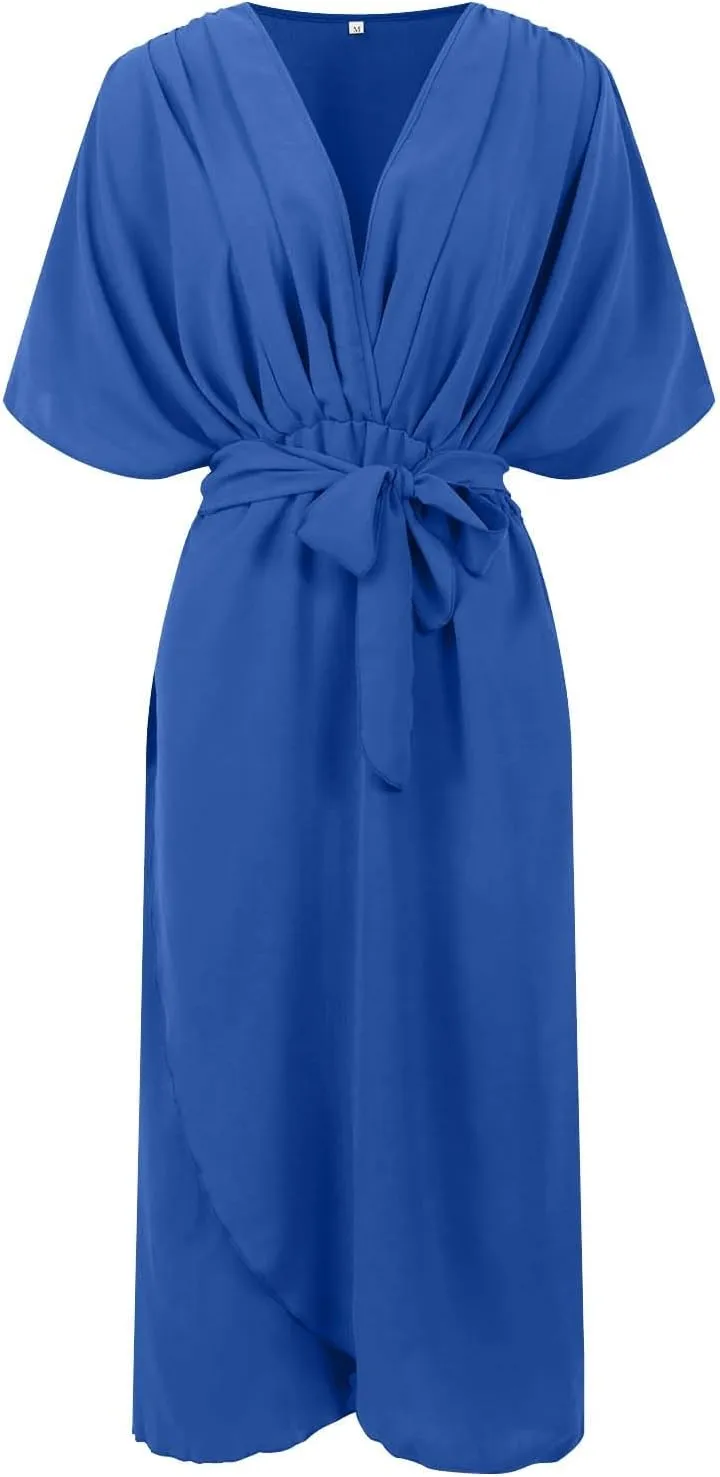 Rvidbe Summer Casual Warp Flowy Maxi Dresses for Women V Neck Bat Sleeve Lace Up Long Beach Dress Plus Size Formal Dress
