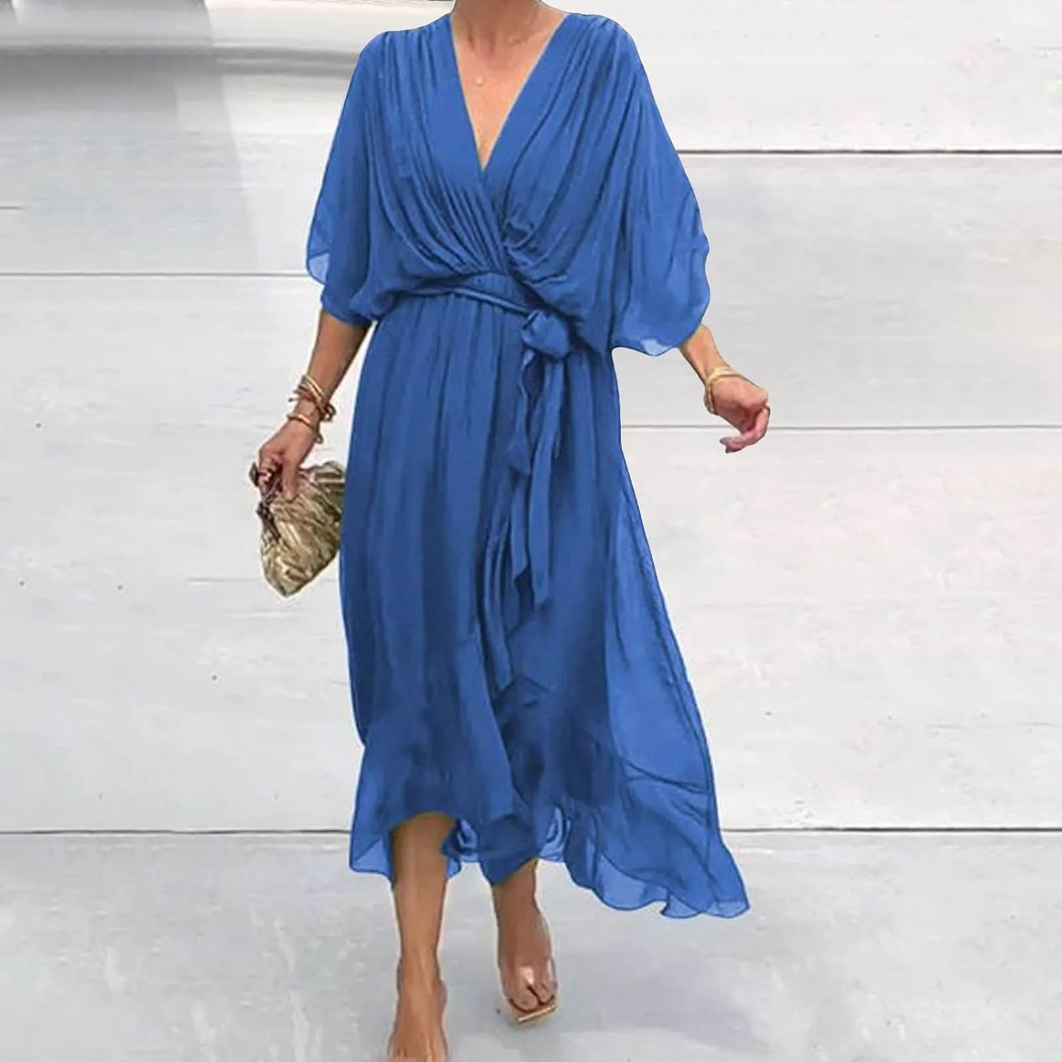 Rvidbe Summer Casual Warp Flowy Maxi Dresses for Women V Neck Bat Sleeve Lace Up Long Beach Dress Plus Size Formal Dress
