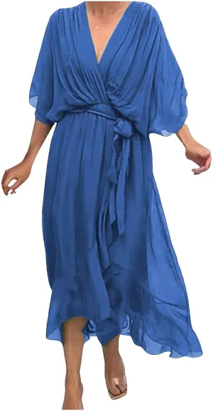 Rvidbe Summer Casual Warp Flowy Maxi Dresses for Women V Neck Bat Sleeve Lace Up Long Beach Dress Plus Size Formal Dress
