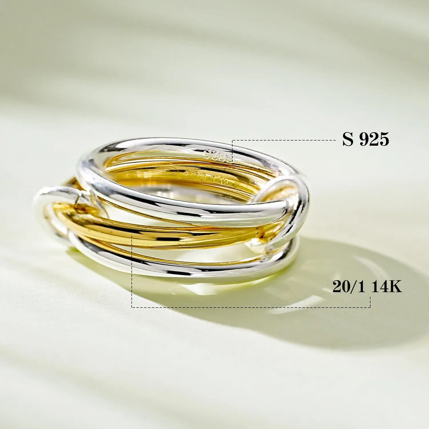 S925 Sterling Silver&14K Plated Gold Stackable Rings, 3 Women's Stacking Ring, Multi-Link Connected, Interlocking Band for men/girlfriend, Statement Stacked, Hypoallergenic,Durable Non Tarnish rings