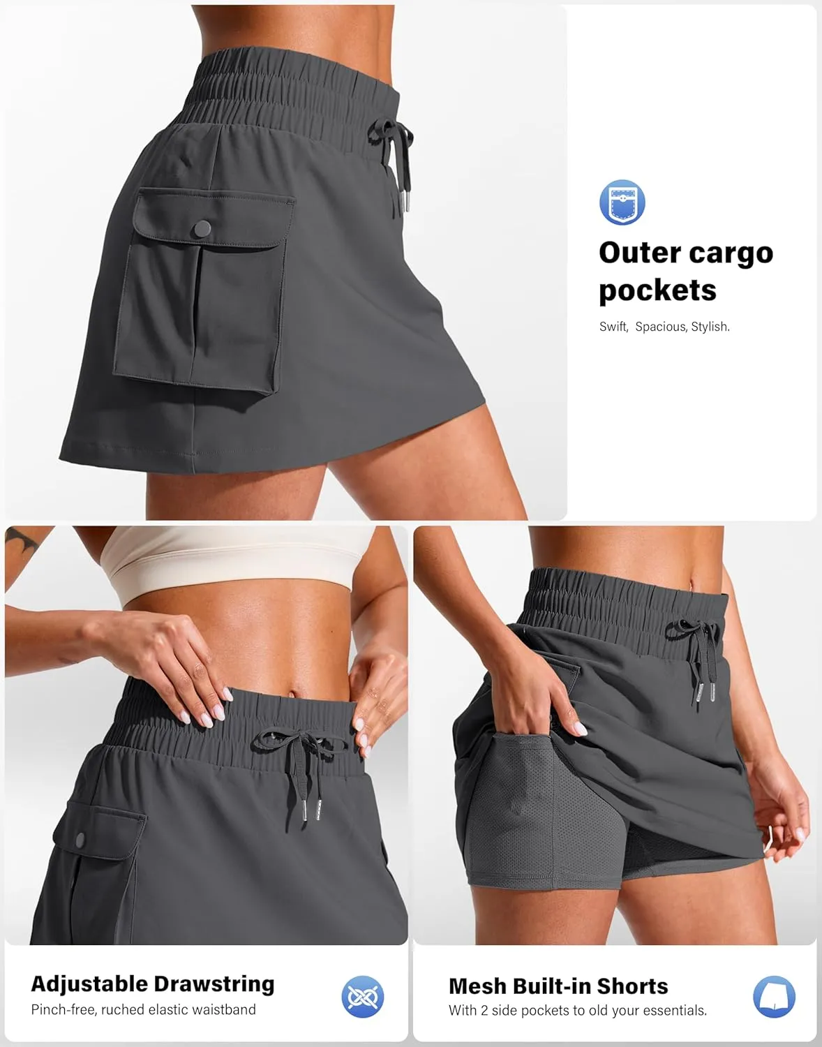 SANTINY 14" Cargo Skorts for Women with 4 Pockets Drawstring High Waisted Golf Hiking Skirt for Casual Summer Travel