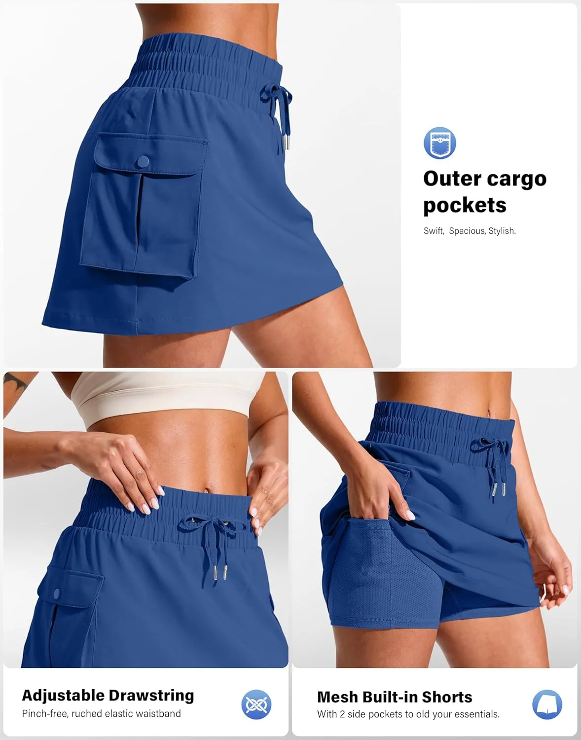 SANTINY 14" Cargo Skorts for Women with 4 Pockets Drawstring High Waisted Golf Hiking Skirt for Casual Summer Travel