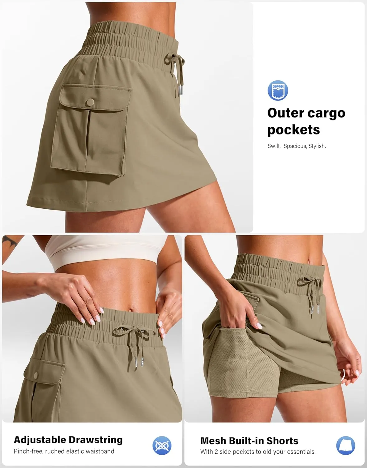 SANTINY 14" Cargo Skorts for Women with 4 Pockets Drawstring High Waisted Golf Hiking Skirt for Casual Summer Travel