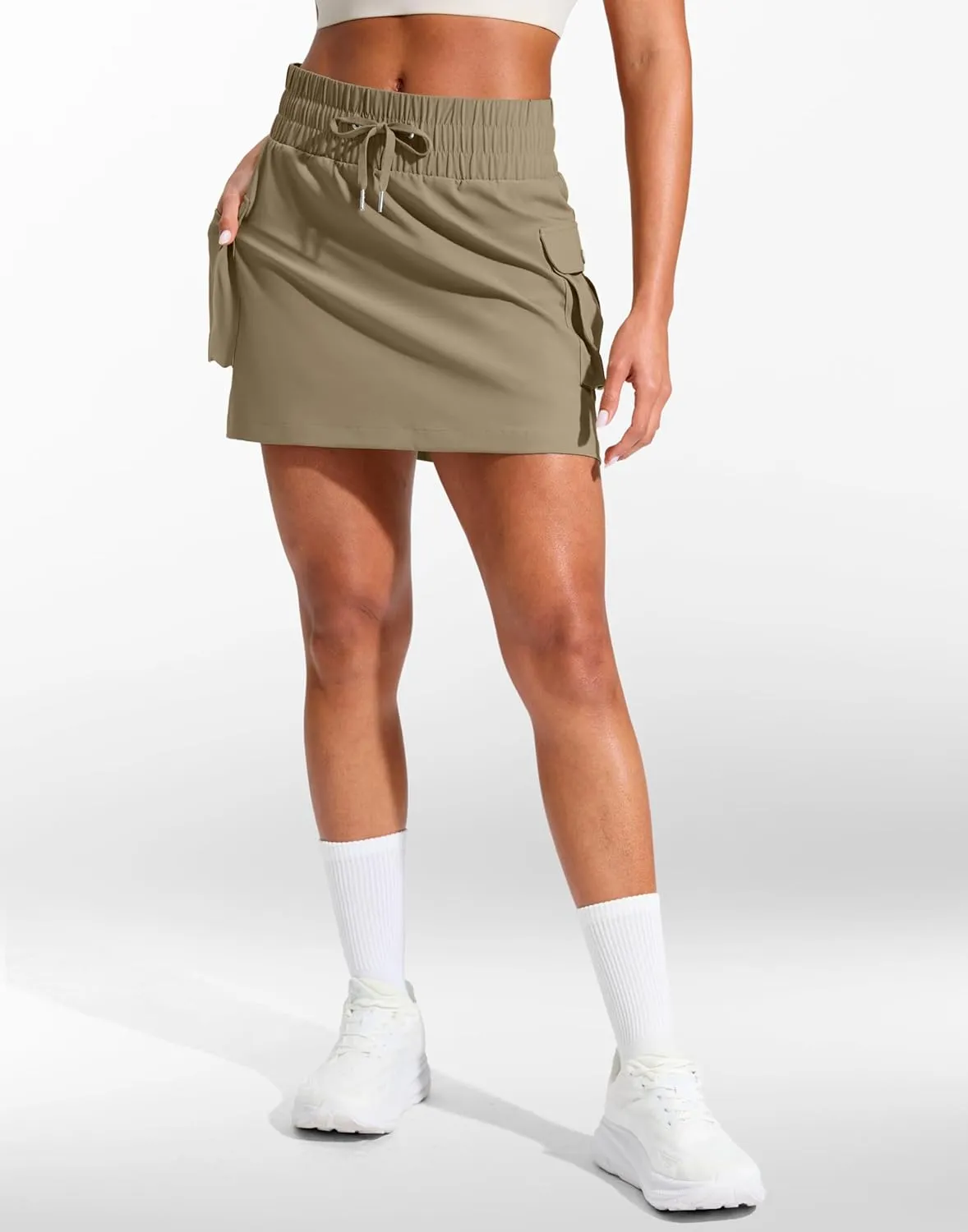 SANTINY 14" Cargo Skorts for Women with 4 Pockets Drawstring High Waisted Golf Hiking Skirt for Casual Summer Travel