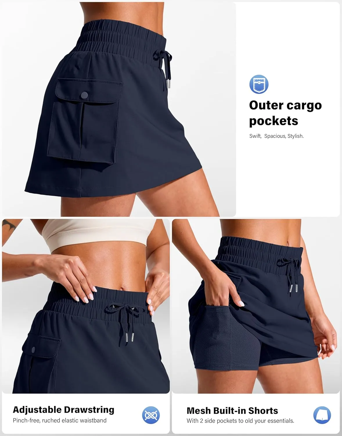 SANTINY 14" Cargo Skorts for Women with 4 Pockets Drawstring High Waisted Golf Hiking Skirt for Casual Summer Travel