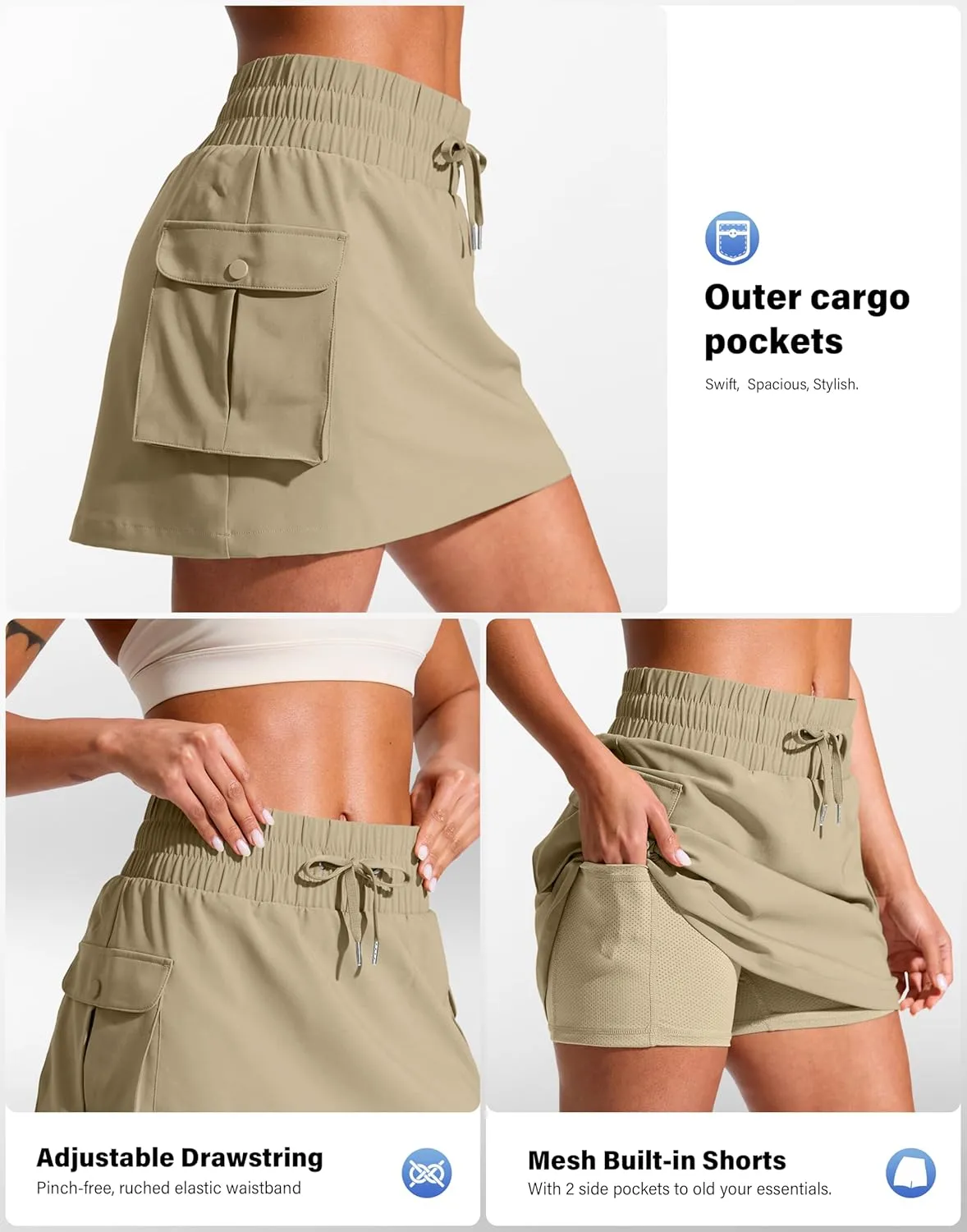 SANTINY 14" Cargo Skorts for Women with 4 Pockets Drawstring High Waisted Golf Hiking Skirt for Casual Summer Travel