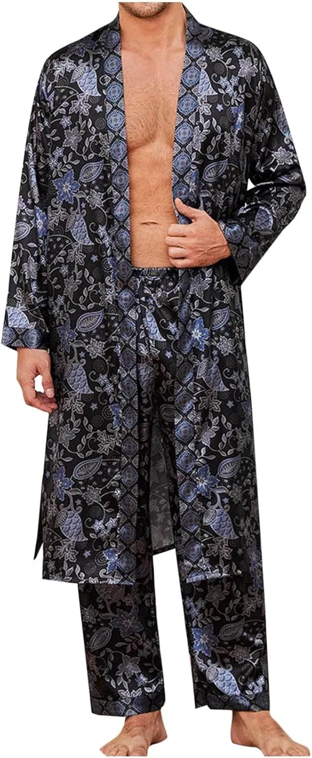 Satin Robe for Men Casual Long Sleev Lightweight Silky Bathrobe with Shorts Sets Sleepwear Set Nightgown with Shorts