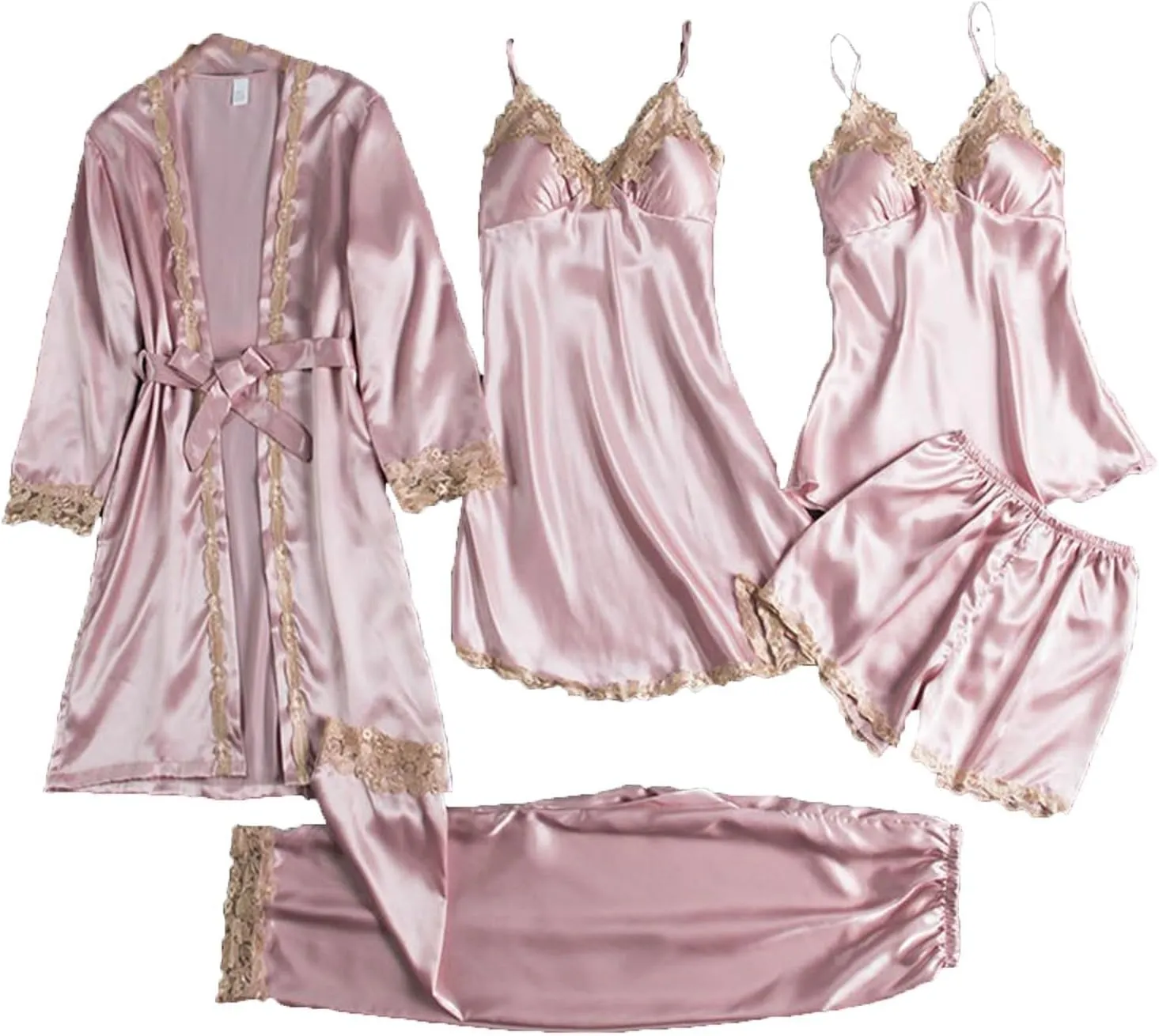 Satin Silk Pajama for Women Set Sexy Lingerie Camisole 5 Piece Nightwear Bridal Party Soft Pjs Sleepwear with Robe