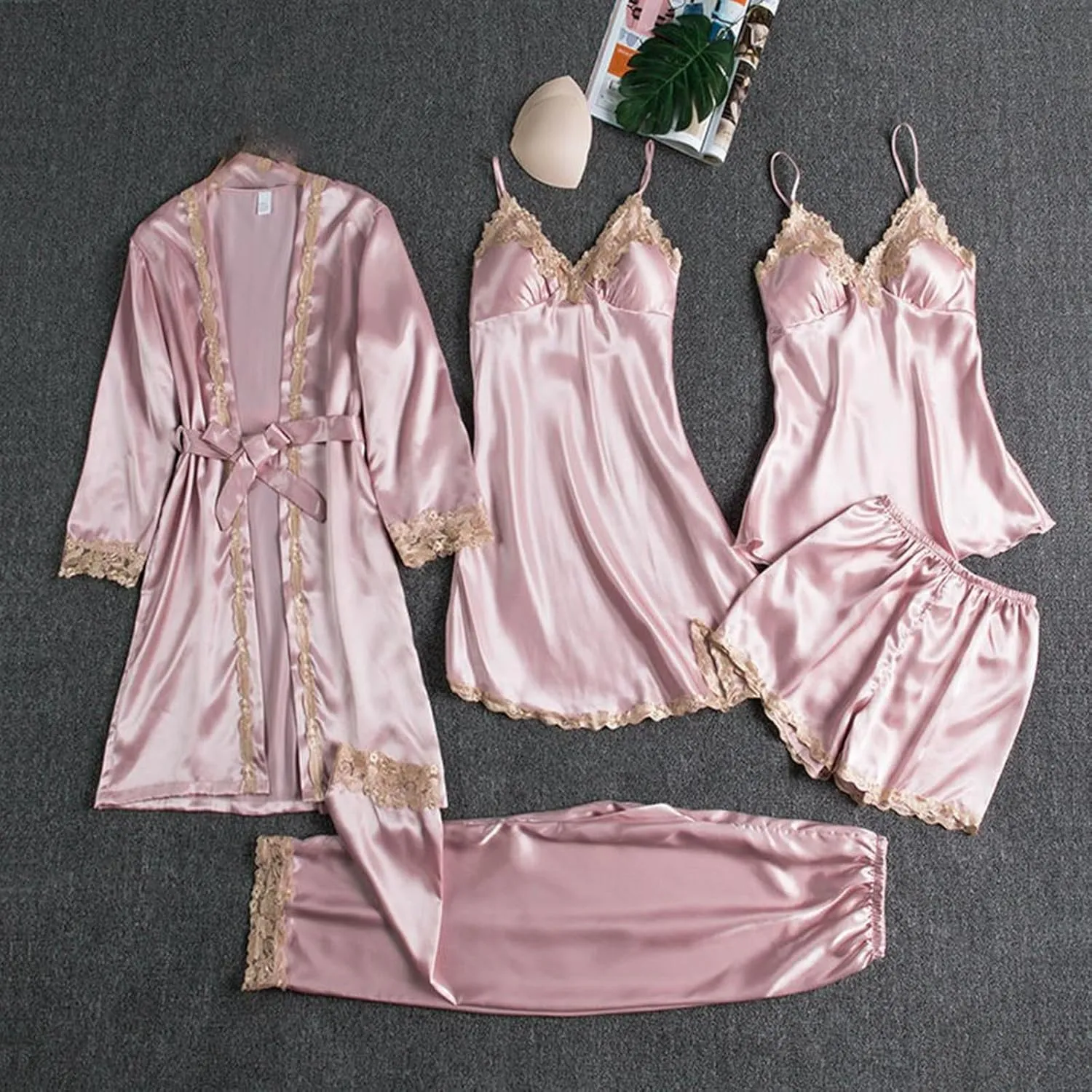 Satin Silk Pajama for Women Set Sexy Lingerie Camisole 5 Piece Nightwear Bridal Party Soft Pjs Sleepwear with Robe