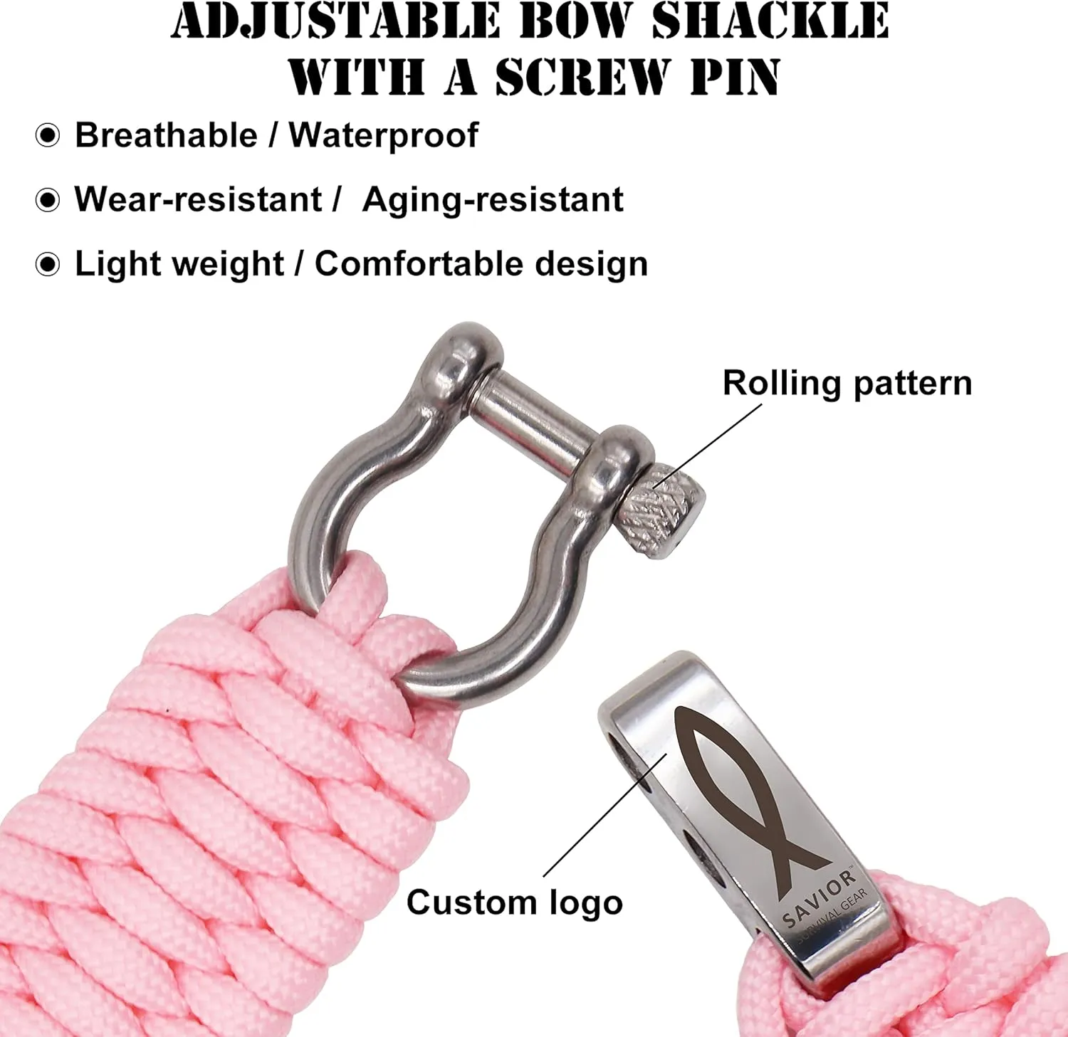 Savior Survival Gear Paracord Watch Band Compatible with Apple Watch 38mm and 40mm Apple Watch - Paracord Watch Band with Stainless Steel Adjustable Shackle (550 Paracord, Large) (Pink)