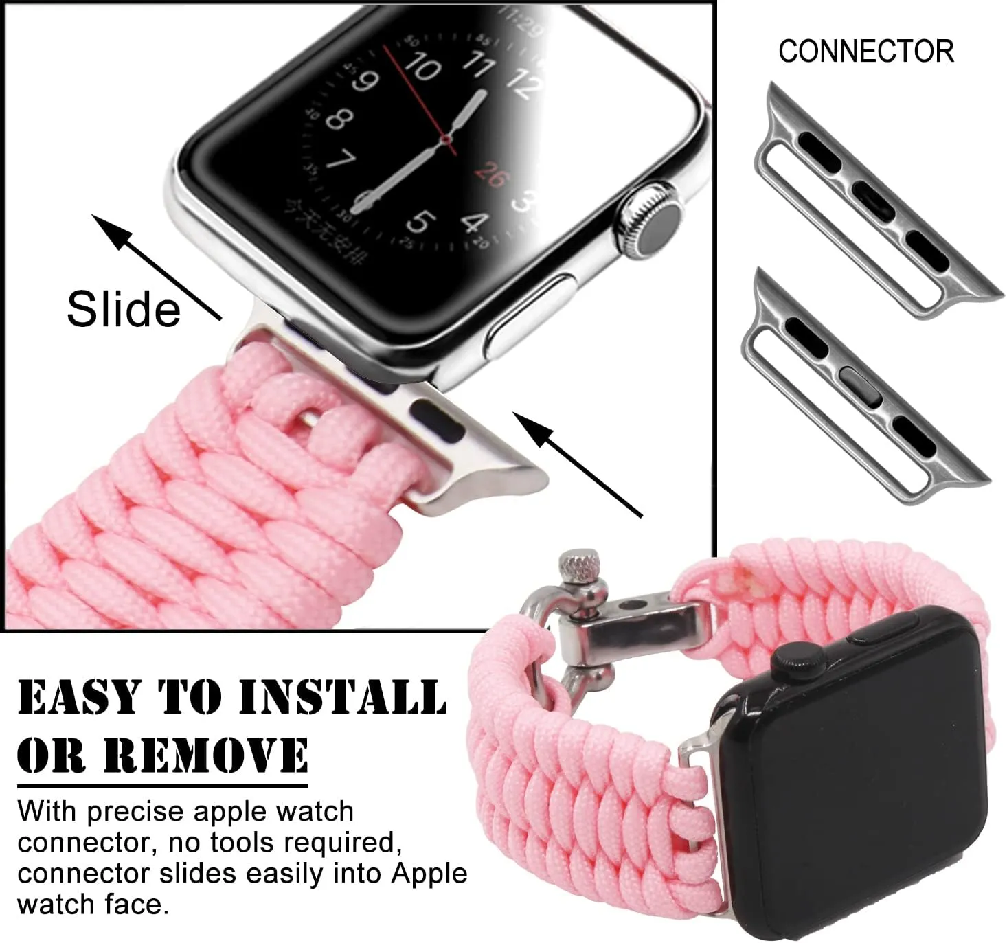 Savior Survival Gear Paracord Watch Band Compatible with Apple Watch 38mm and 40mm Apple Watch - Paracord Watch Band with Stainless Steel Adjustable Shackle (550 Paracord, Large) (Pink)