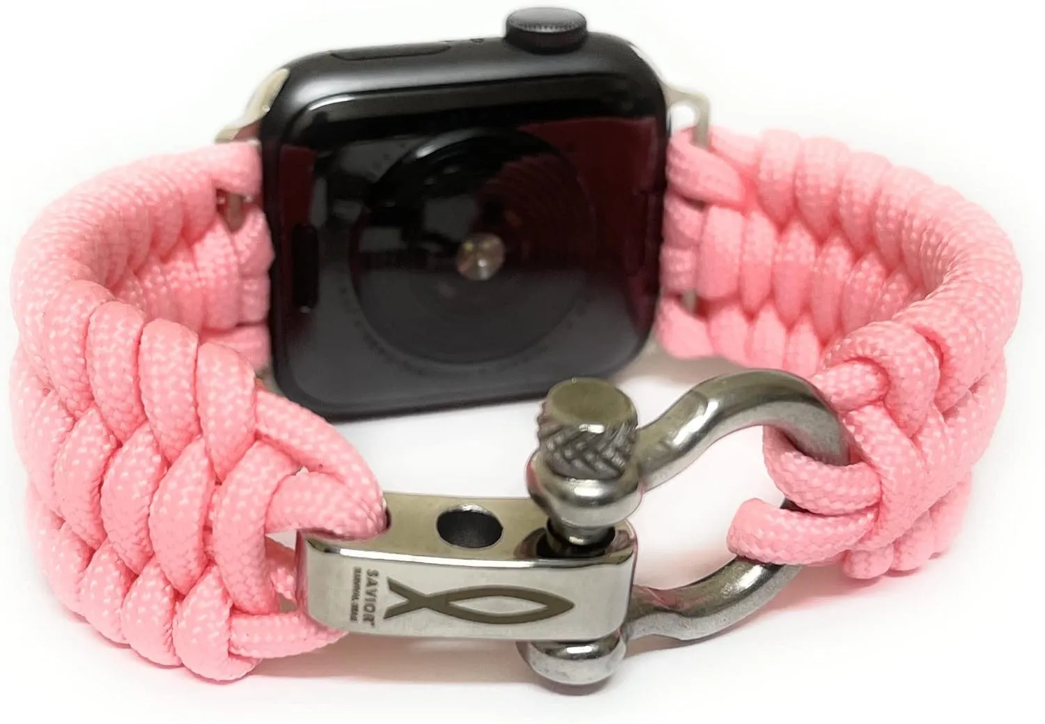 Savior Survival Gear Paracord Watch Band Compatible with Apple Watch 38mm and 40mm Apple Watch - Paracord Watch Band with Stainless Steel Adjustable Shackle (550 Paracord, Large) (Pink)