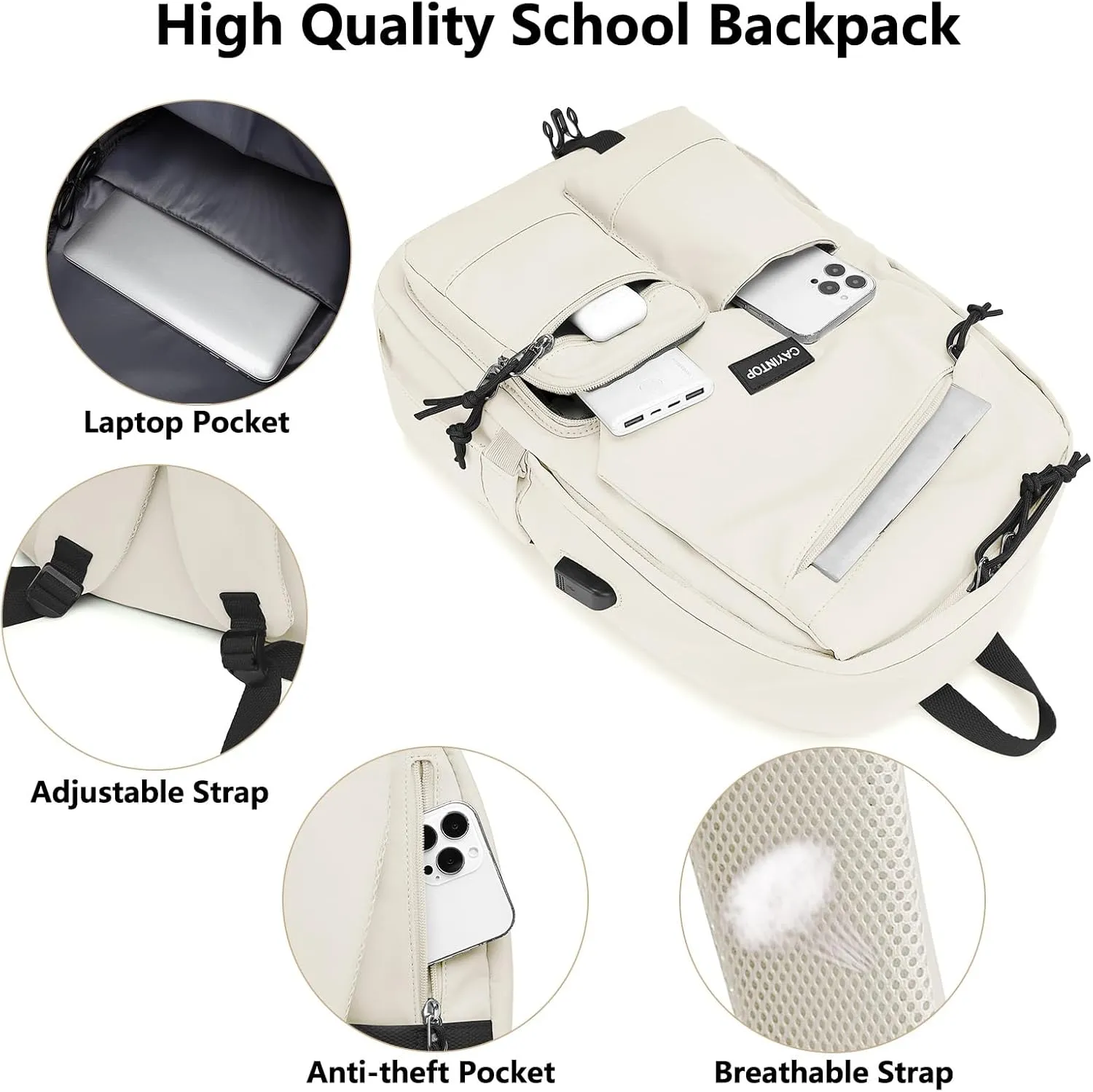 School Backpack Students Bookbag: 15.6 Inch Laptop Backpack for Women College Bag with USB Charging Port Backpack for Girls Teens and Boys School Bag for Women Beige Khaki