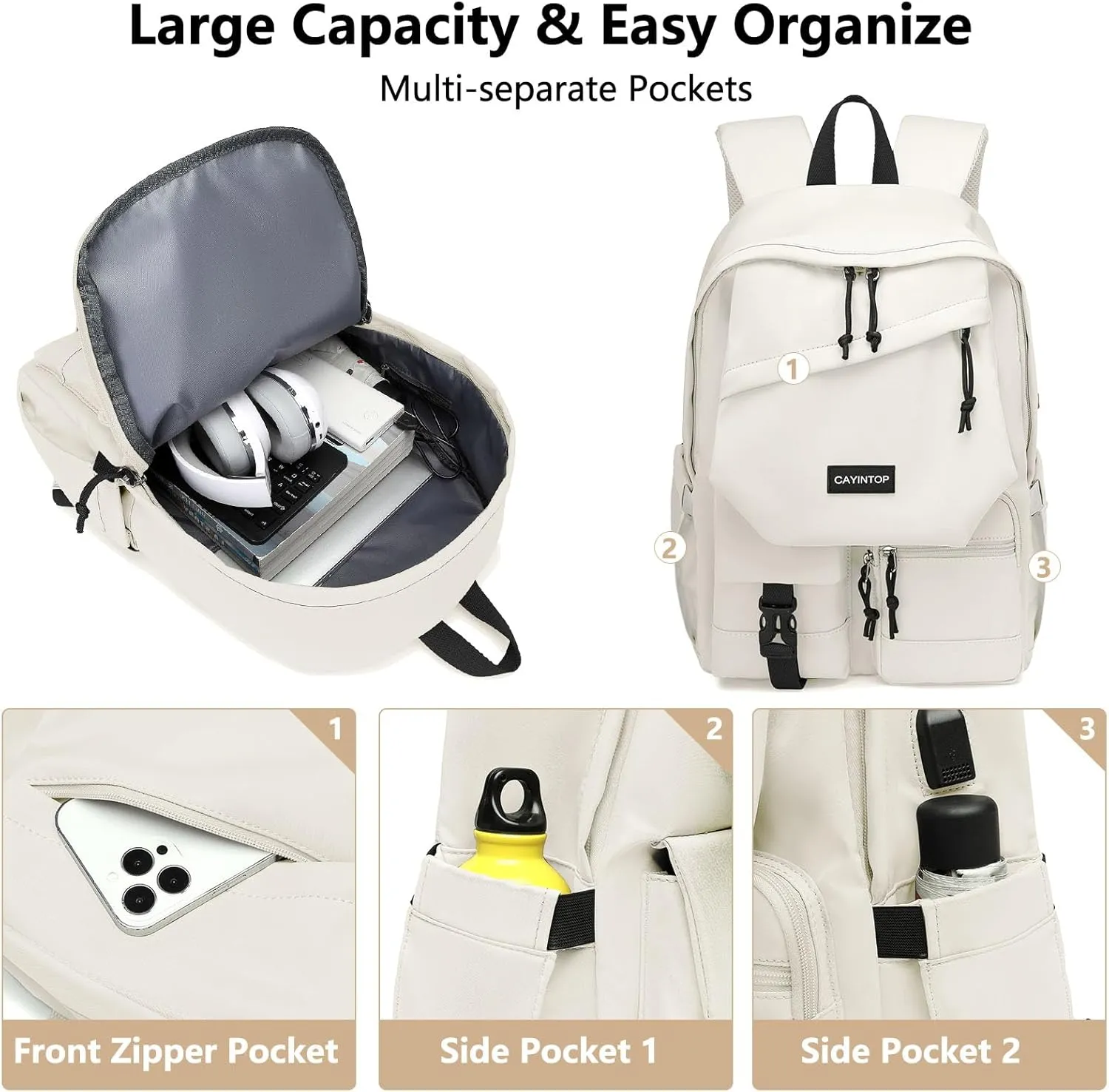School Backpack Students Bookbag: 15.6 Inch Laptop Backpack for Women College Bag with USB Charging Port Backpack for Girls Teens and Boys School Bag for Women Beige Khaki