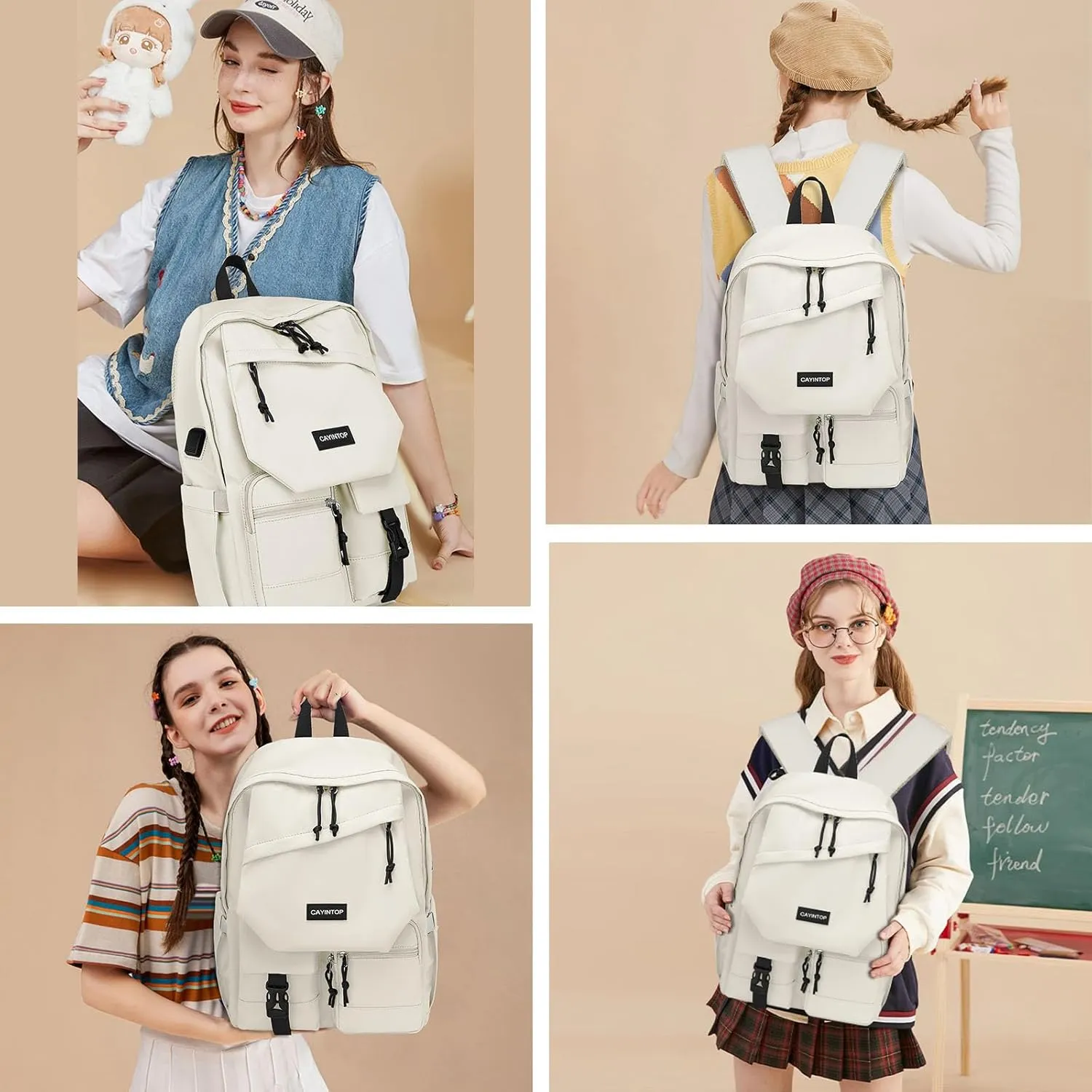 School Backpack Students Bookbag: 15.6 Inch Laptop Backpack for Women College Bag with USB Charging Port Backpack for Girls Teens and Boys School Bag for Women Beige Khaki
